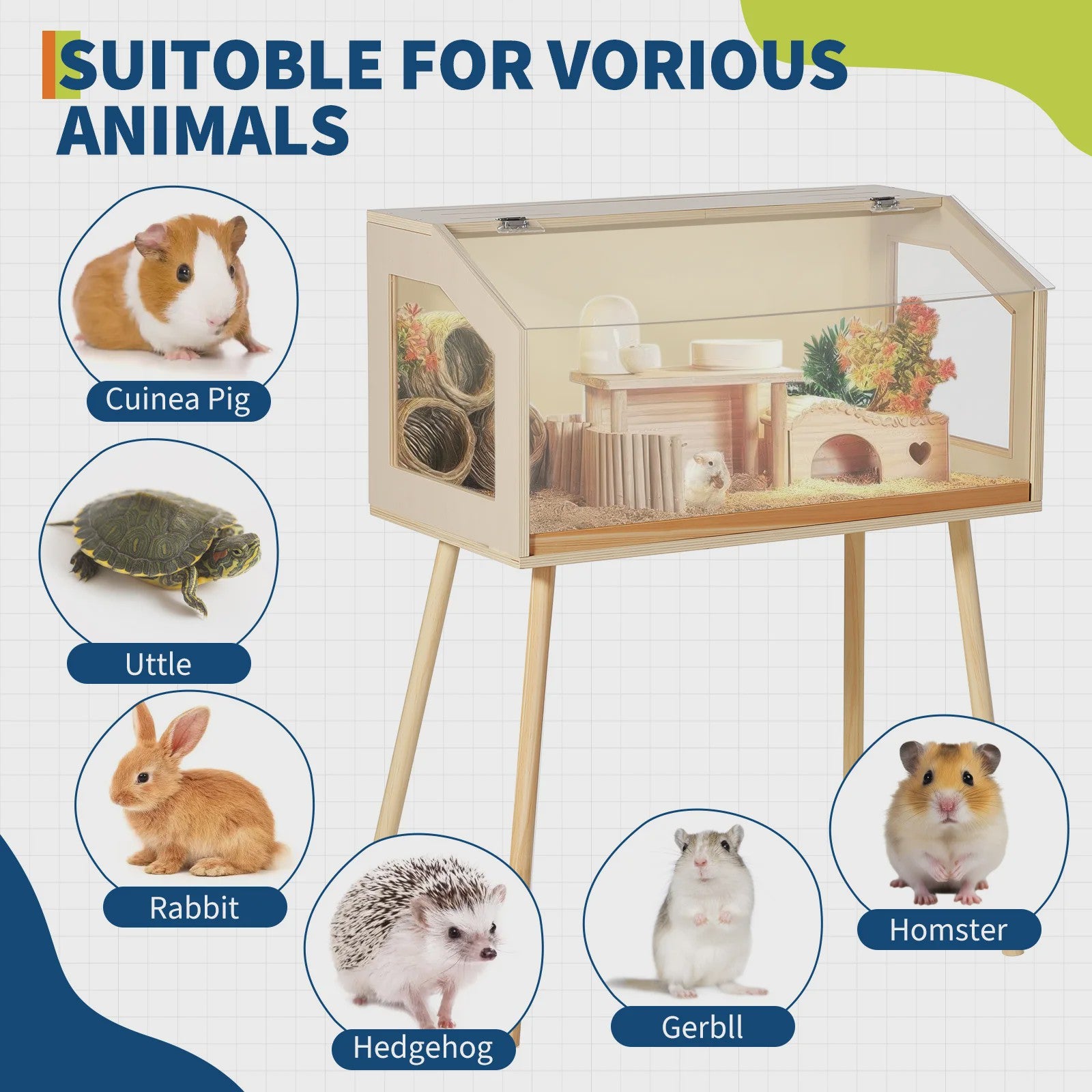 Ruime Houten Kooi voor Kleine Huisdieren met Acryl Raam en Openbare Top