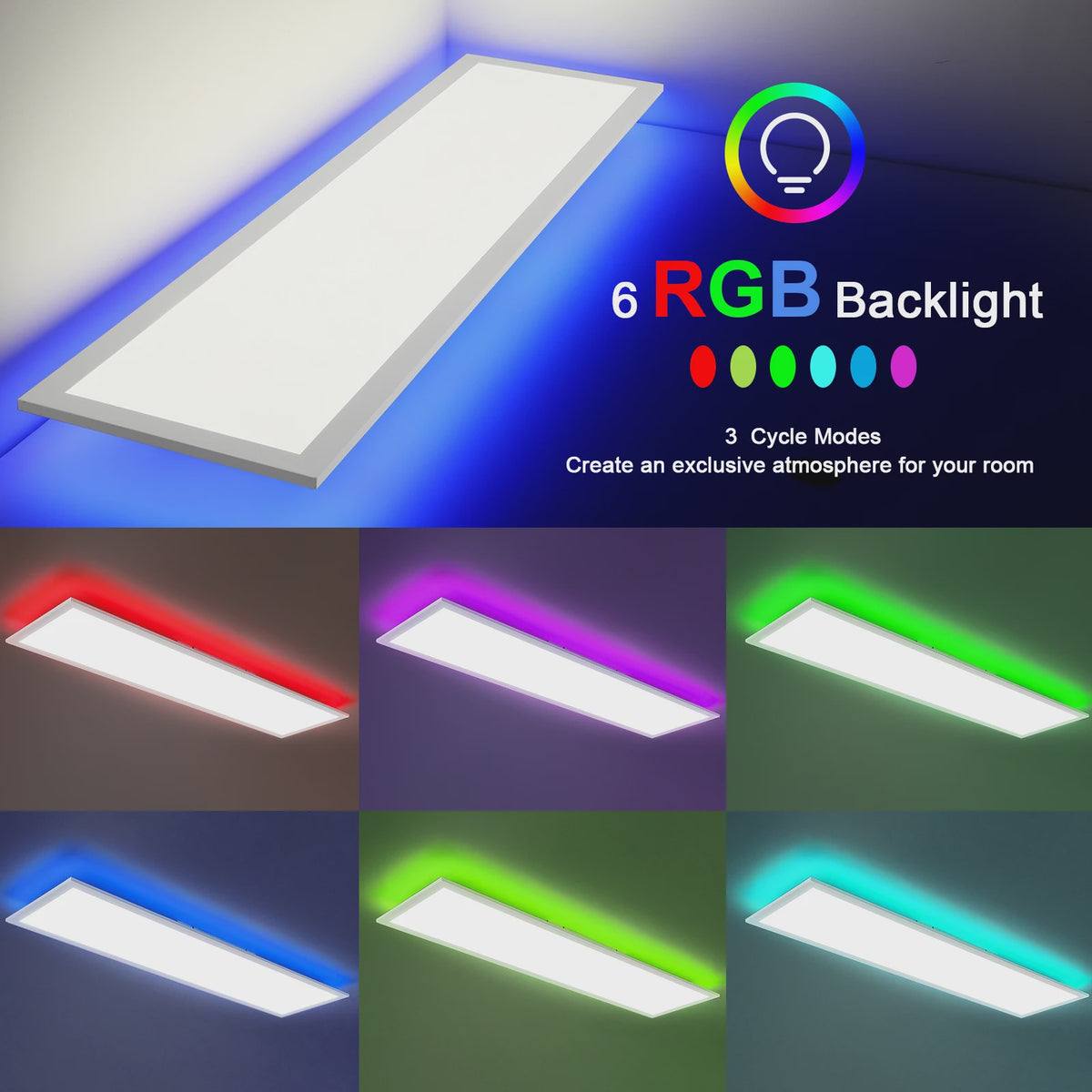 RGB LED Plafondpaneel 120x30cm - 40W, 4400LM, Dimbare Kleurtemperatuur & RGB Achtergrondverlichting met Afstandsbediening