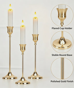 Set van 3 Goudkleurige Klassieke Kandelaars met Stabiele Voet - Perfect voor Bruiloft en Decoratie