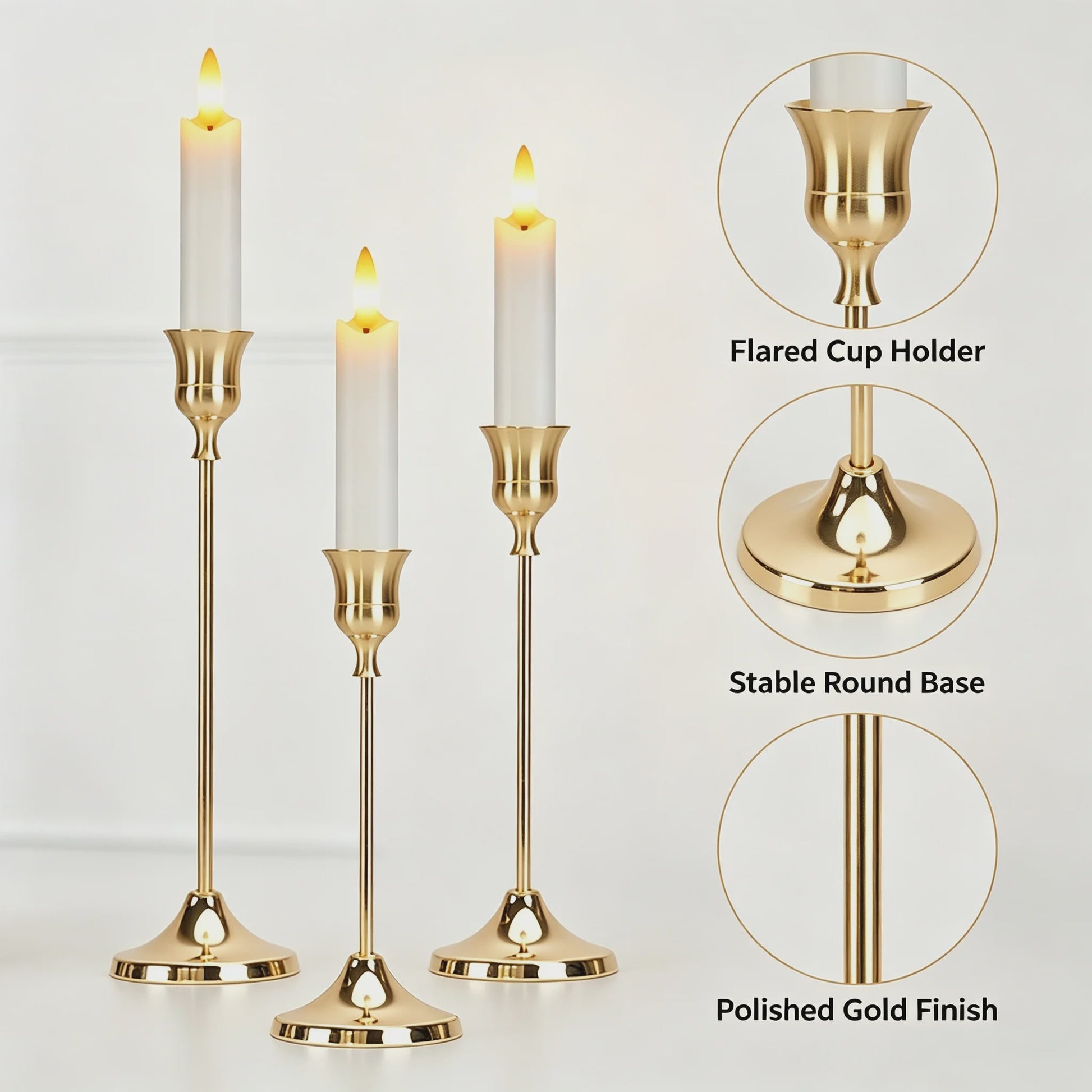 Set van 3 Goudkleurige Klassieke Kandelaars met Stabiele Voet - Perfect voor Bruiloft en Decoratie
