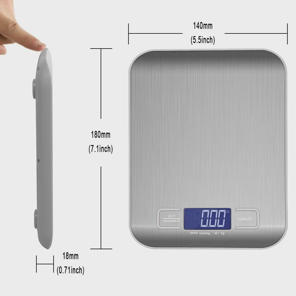 Precisie Keukenweegschaal RVS - 5kg/10kg, 1g Nauwkeurigheid, LCD Achtergrondverlichting