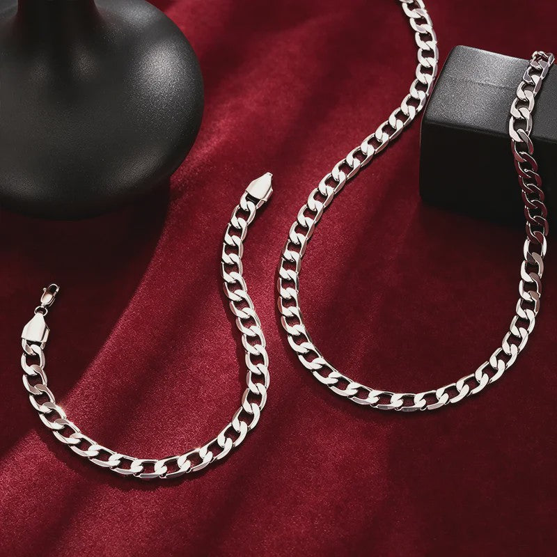 Set: 925 Sterling Zilveren Collier & Armband - 8mm Cuban Link - Minimalistisch & Luxe Cadeau