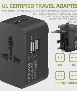 Universele Reisadapter met 2 USB & USB-C Poorten - Wereldwijd Bruikbaar
