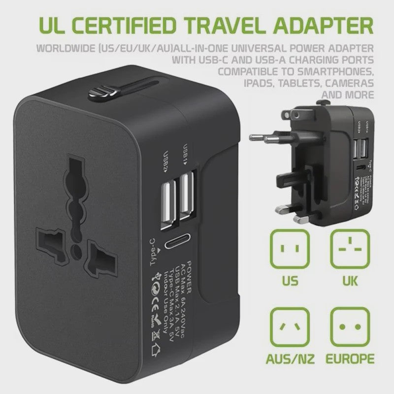 Universele Reisadapter met 2 USB & USB-C Poorten - Wereldwijd Bruikbaar