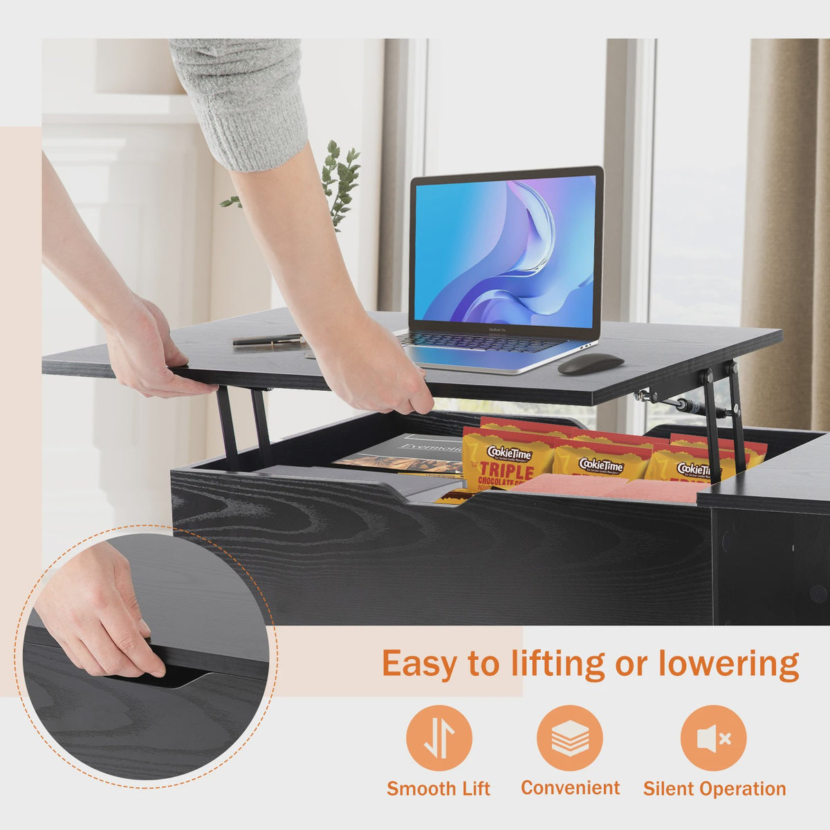 Verstelbare Lift Top Salontafel met Ruime Opbergruimte - 100x50 cm