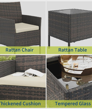 3-delige Buiten Terras Bistroset: PE Rotan Wicker Stoelen met Zachte Kussens & Glazen Salontafel - Compact Tuinmeubilair