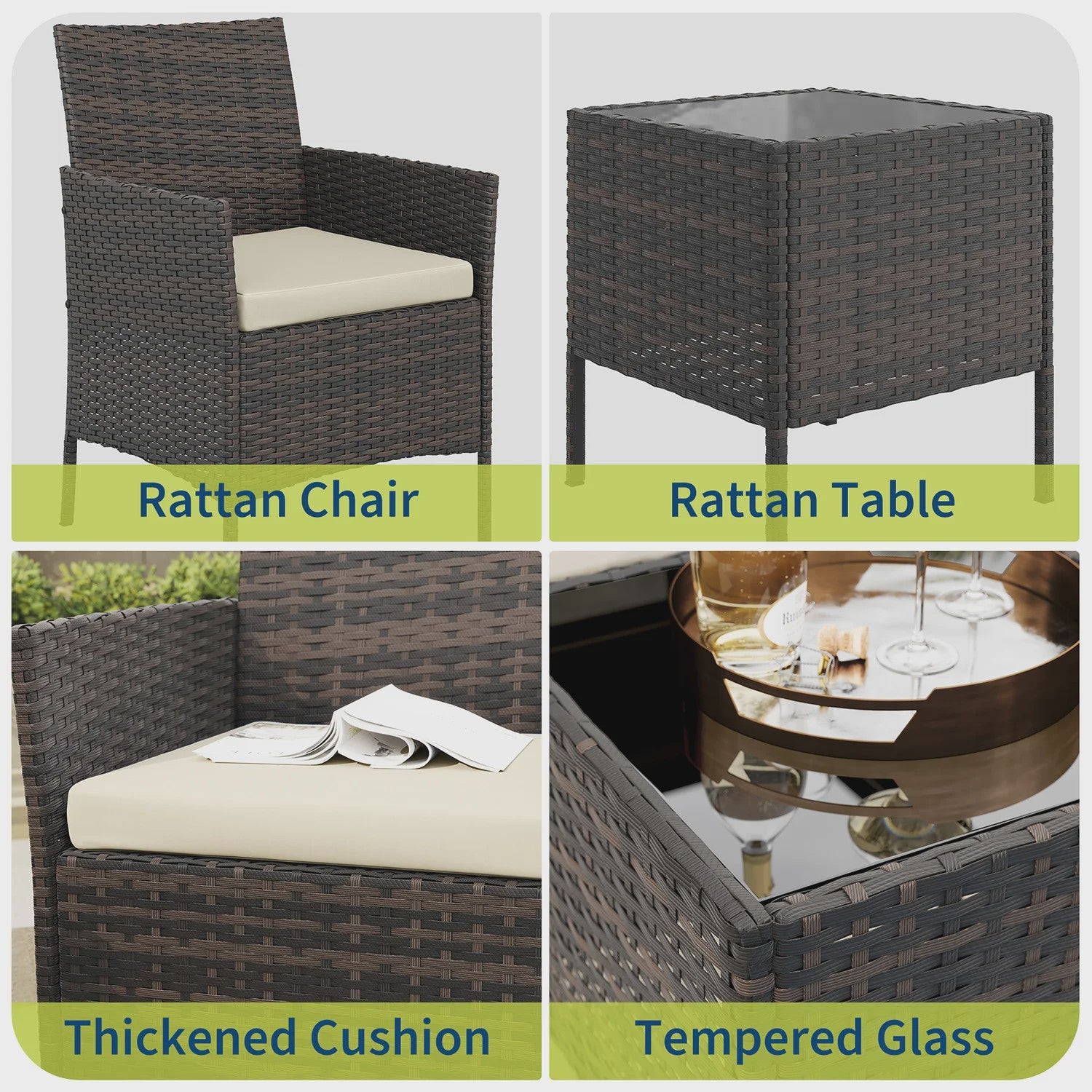 3-delige Buiten Terras Bistroset: PE Rotan Wicker Stoelen met Zachte Kussens & Glazen Salontafel - Compact Tuinmeubilair