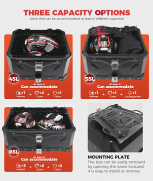 KEMIMOTO Universele Aluminium Motor Topkoffer 65L met Lederen Voering
