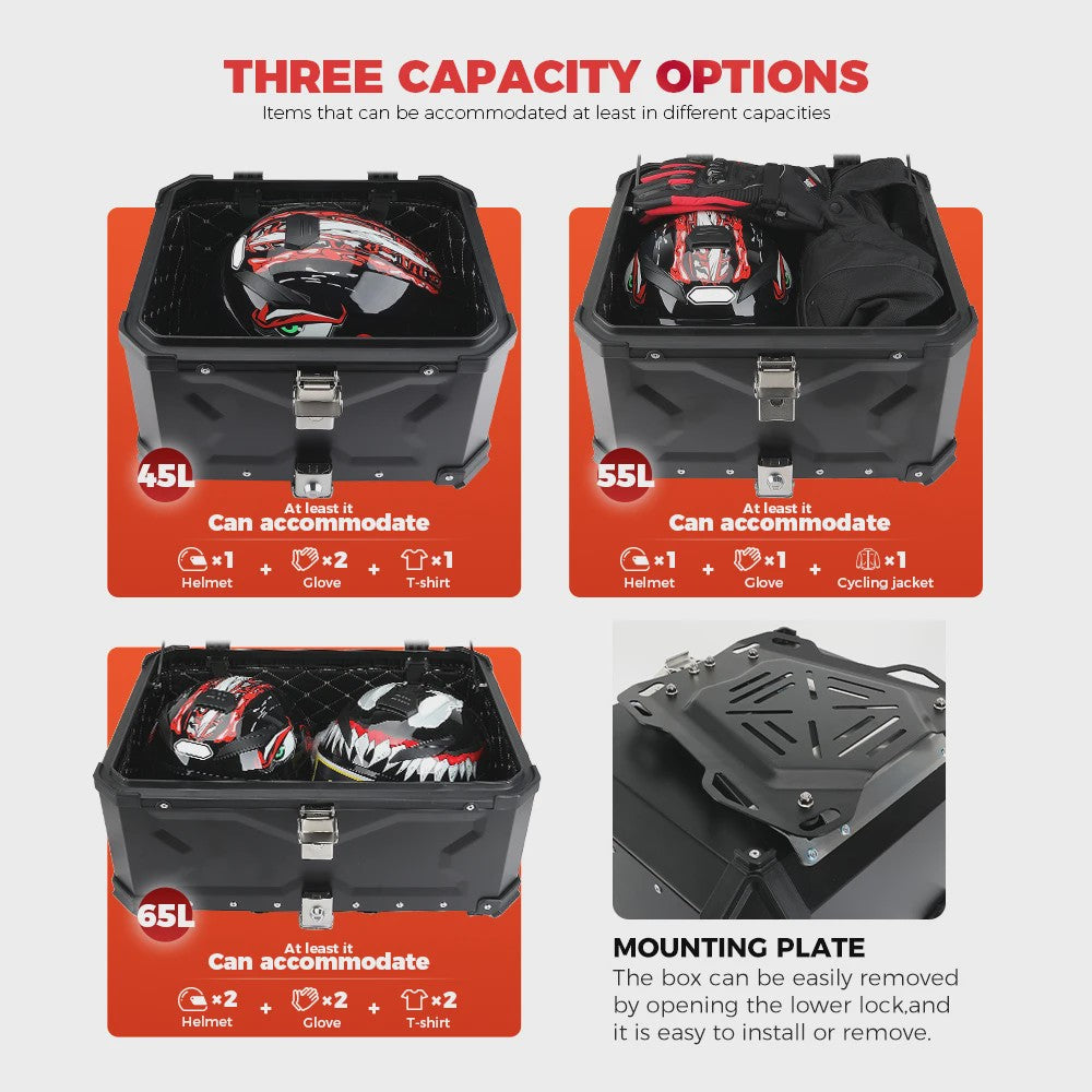 KEMIMOTO Universele Aluminium Motor Topkoffer 65L met Lederen Voering