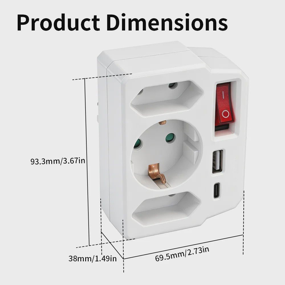 Universele Wandcontactdoos Adapter met Schakelaar, 2x USB-A, 1x USB-C & 3x Schuko Stopcontact