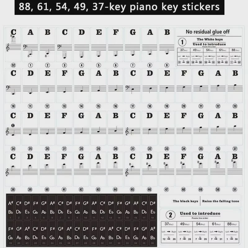 Grote, Verwijderbare Piano Toets Stickers met Muzieknoten - Leer Snel Spelen op 88/61/54 Toetsen