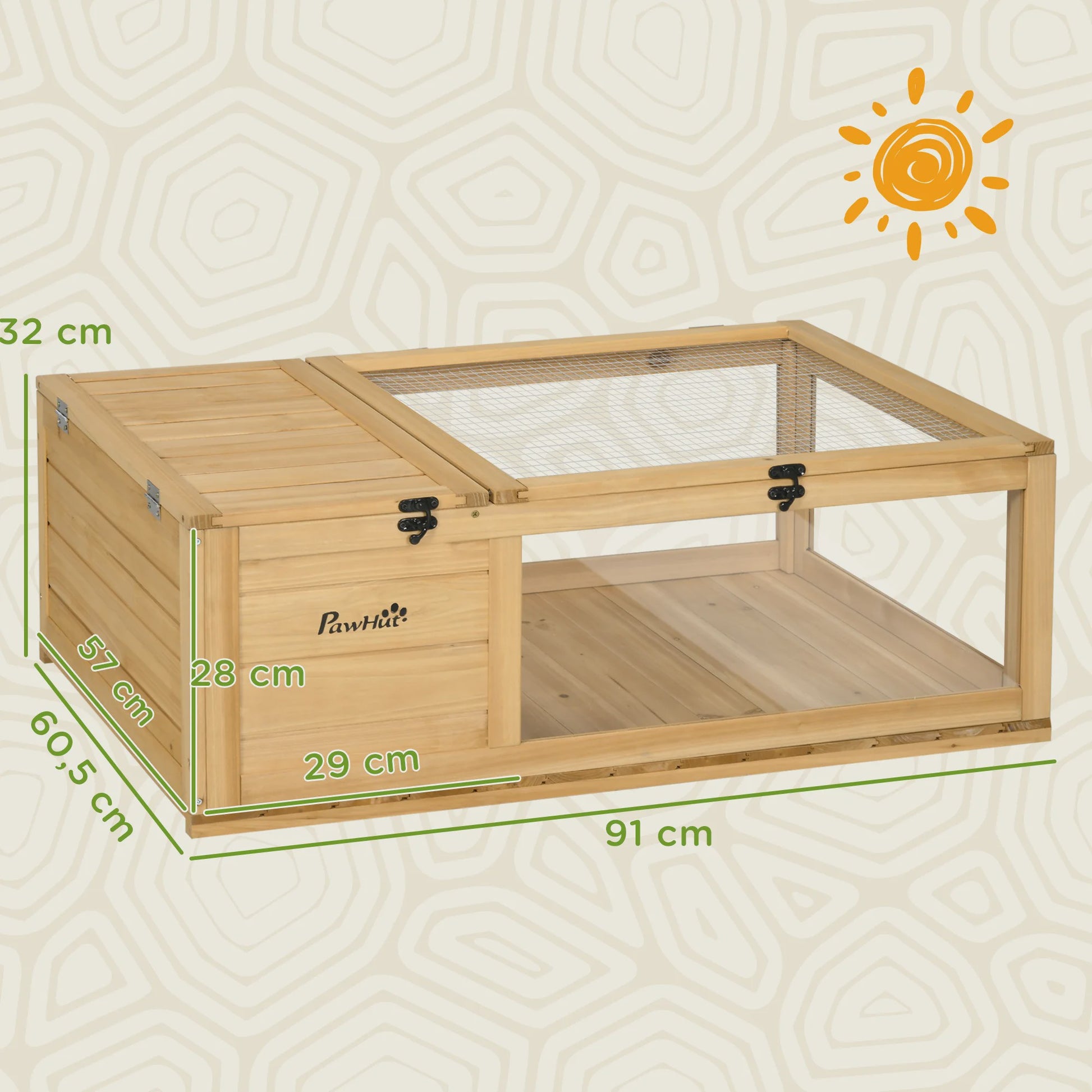 Houten Schildpaddenverblijf met Gaasdak en Verwijderbare Zijpanelen - 91x60.5x32 cm