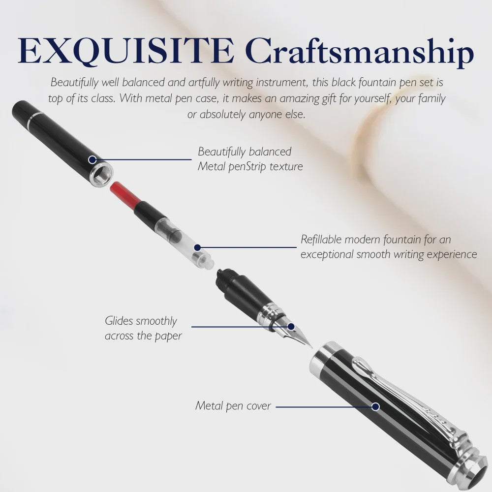 Luxe Zwarte Metalen Vulpen met Extra Fijne 0.38mm Penpunt - Ideaal voor Kalligrafie & Cadeau