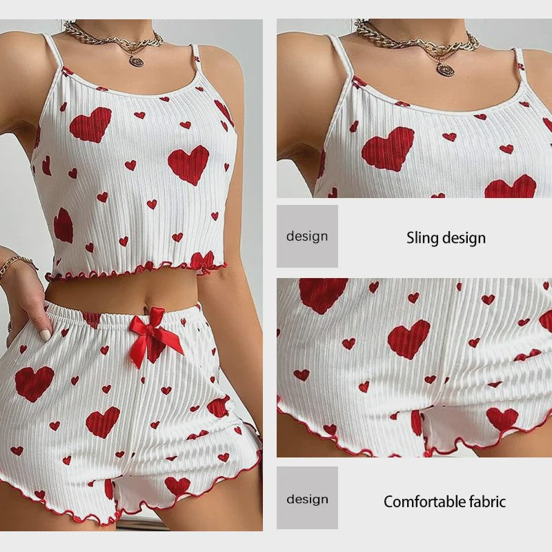 Dames Pyjama Set: 2-delig Tanktop & Shorts met Liefdesprint - Zacht & Ventilerend