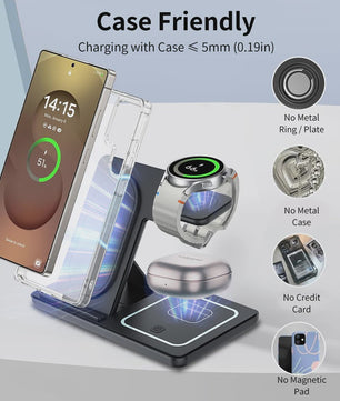 3-in-1 Opvouwbare Draadloze Oplader Stand voor Samsung Telefoon, Horloge & Earbuds - Snel Laden