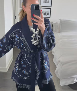 Gebreide Dames Cardigan met Patchwork Print, V-hals en Franjes - Stijlvolle Herfstjas