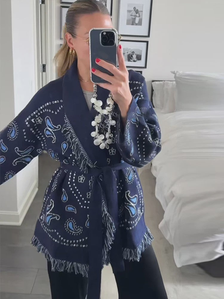 Gebreide Dames Cardigan met Patchwork Print, V-hals en Franjes - Stijlvolle Herfstjas