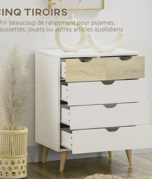 HOMCOM Commode met 5 Lades en Houten Poten - Wit & Naturel Hout - 60x40x77,5 cm