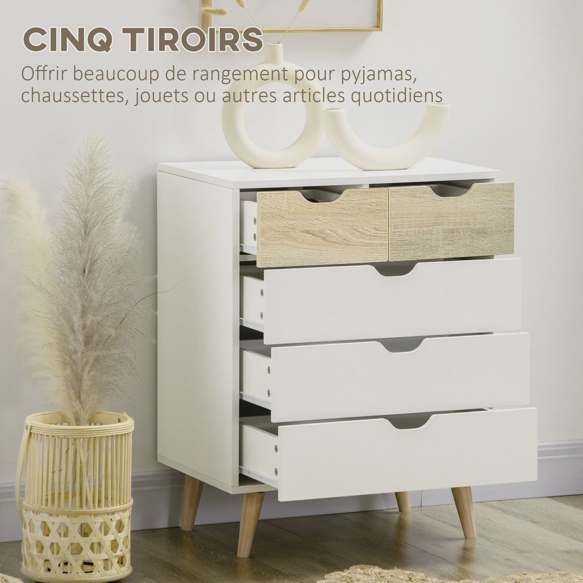 HOMCOM Commode met 5 Lades en Houten Poten - Wit & Naturel Hout - 60x40x77,5 cm