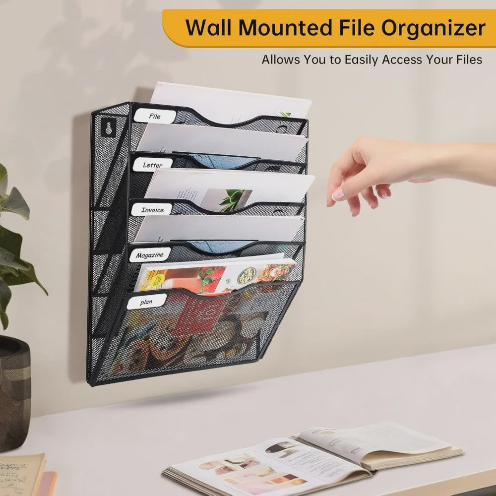 5-Vaks A4 Wand Organizer Mesh Documentenhouder Zwart Metaal