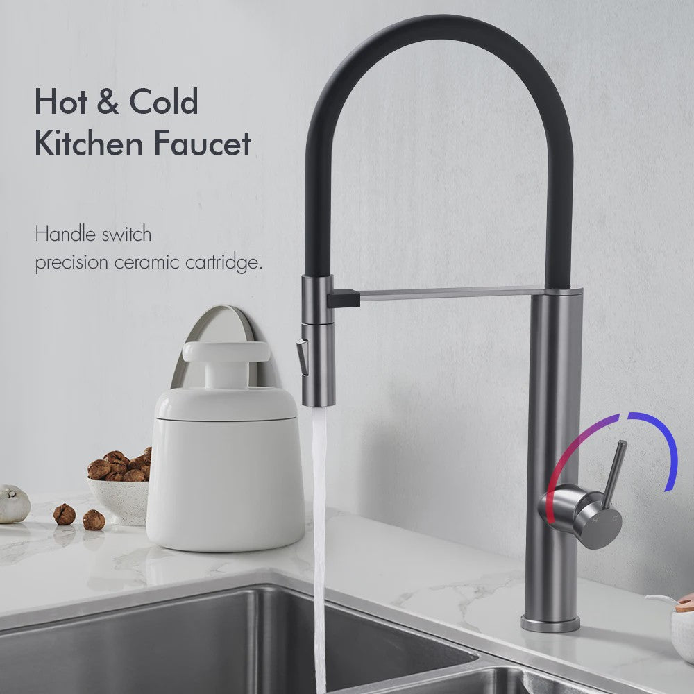 Gunmetal Keukenkraan met Uittrekbare Douche, 360° Draaibaar, Warm & Koud Water