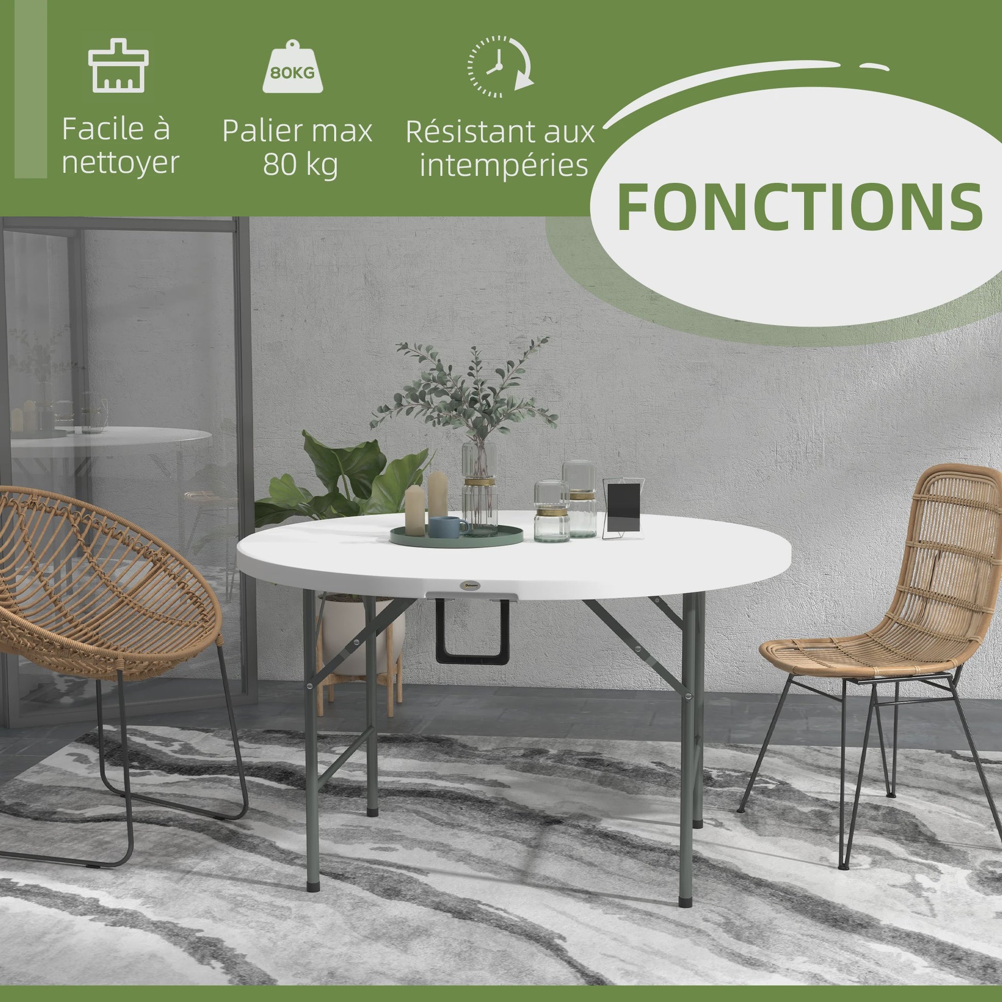Outsunny Ronde Klaptafel Ø122 cm voor 6 Personen - Duurzaam HDPE & Metaal