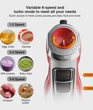 BioloMix Red 1200W 4-in-1 Hand Blender: Krachtige Staafmixer met Hakker & Smoothiebeker voor Babyvoeding en IJs