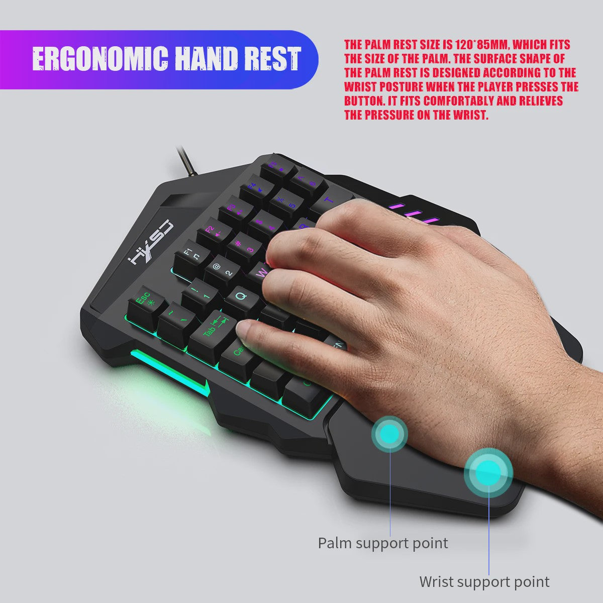 Ergonomisch Eénhandig Gaming Toetsenbord - Compact 35-Key Design met RGB Verlichting en Polssteun