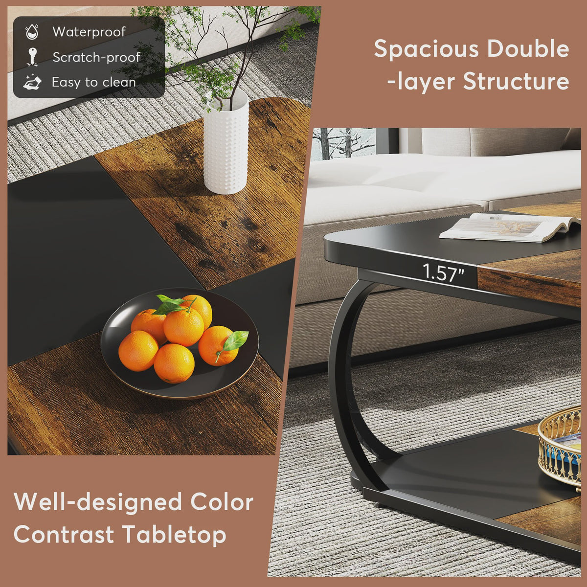 Industriële Salontafel met 2 Niveaus - 100 cm Vierkant - Metaal & Hout-look