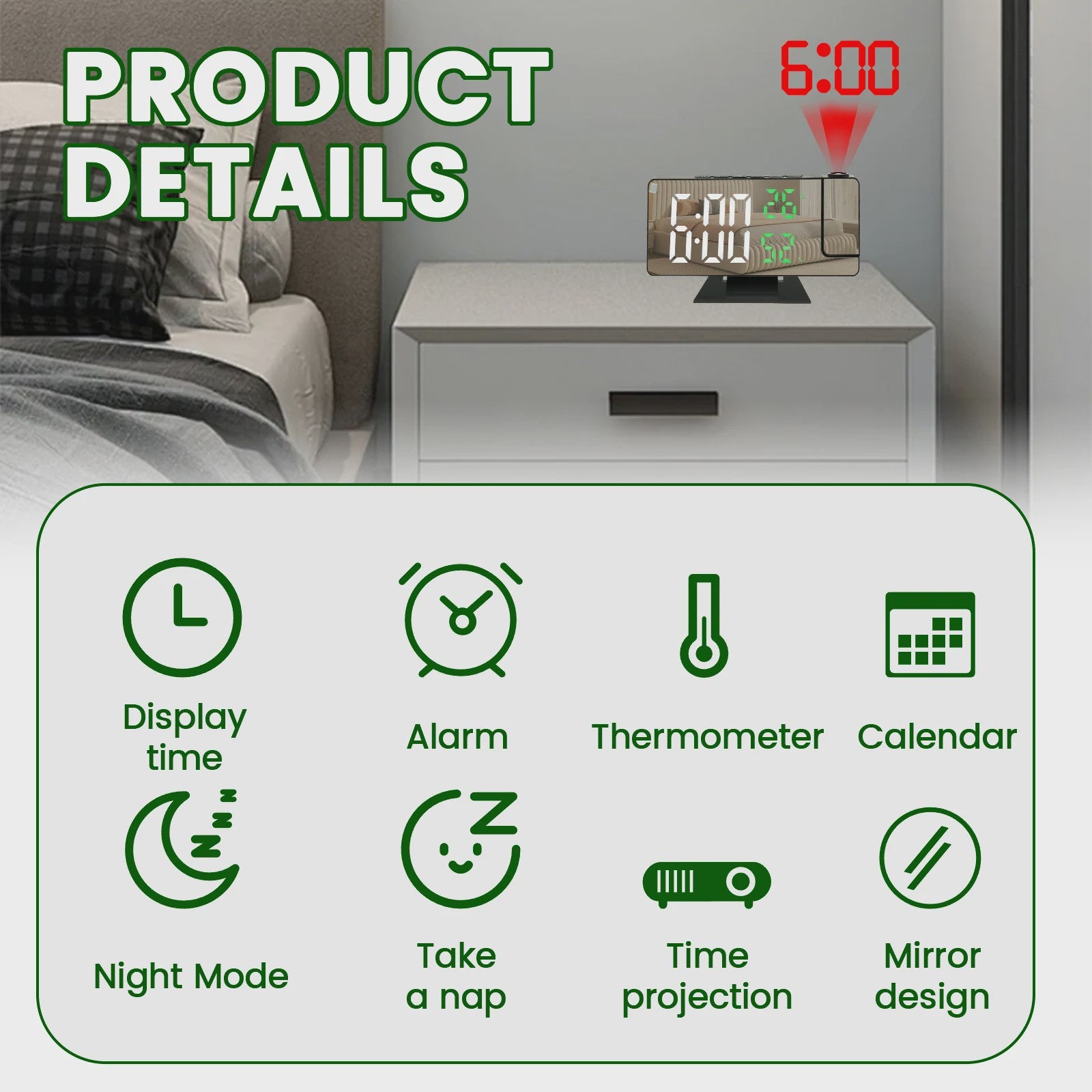 Moderne LED Digitale Projectiewekker met Spiegel & 180° Draaibare Projector