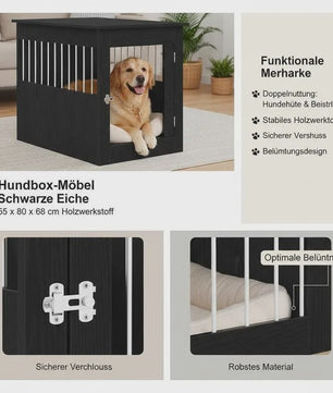Hondenbench Meubel Zwart Eikenhout - Stijlvolle Hondenkennel & Bijzettafel voor Kleine tot Middelgrote Honden (55x80x68 cm)