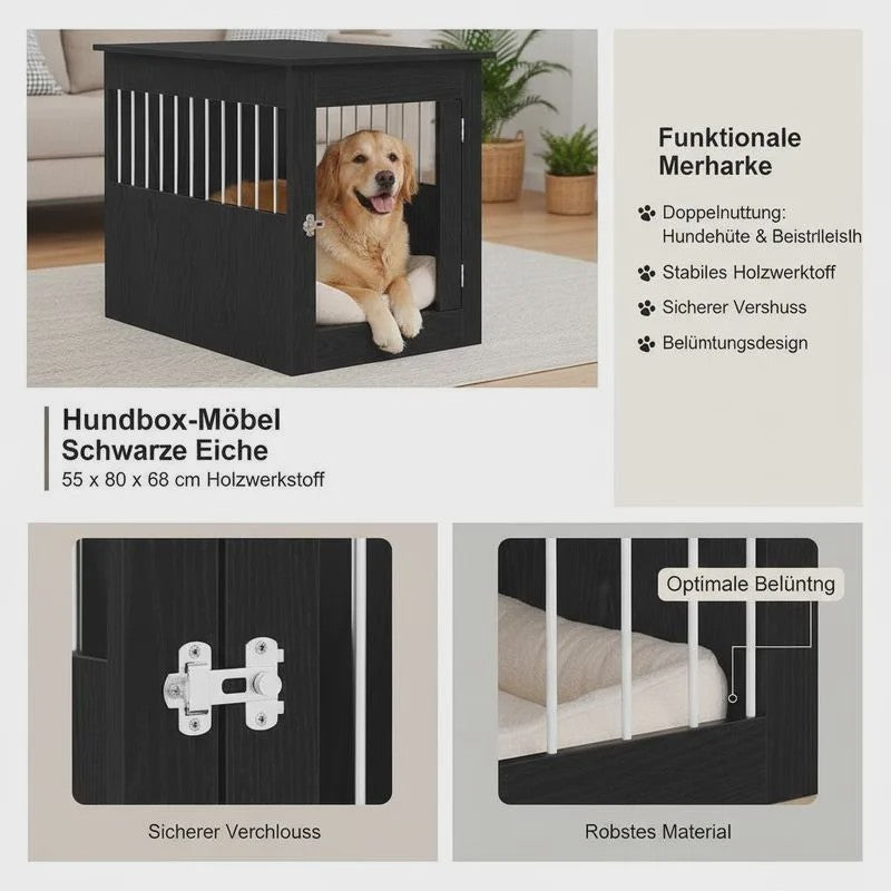 Hondenbench Meubel Zwart Eikenhout - Stijlvolle Hondenkennel & Bijzettafel voor Kleine tot Middelgrote Honden (55x80x68 cm)