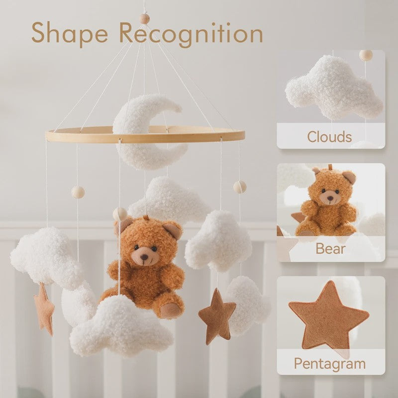 Houten Baby Mobiel voor Ledikant met Teddybeer, Maan en Sterren - Muziek & Rammelaar - Perfect Kraamcadeau