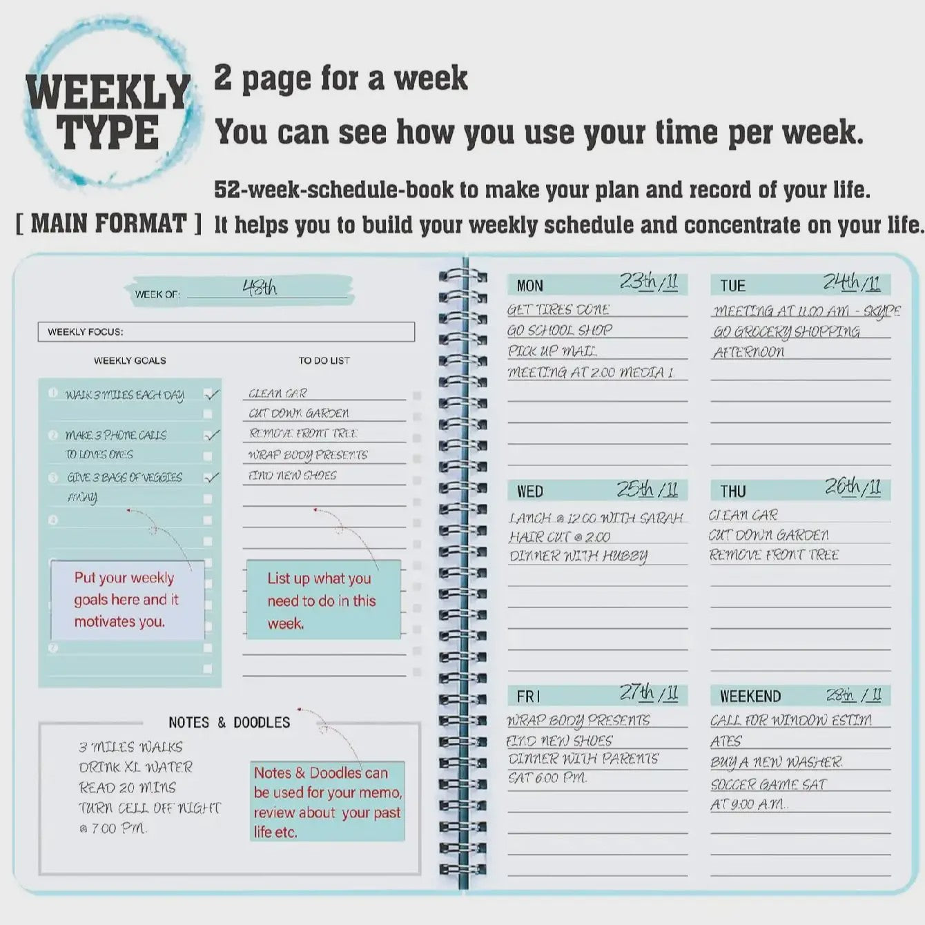 A5 Weekplanner Agenda - Ongeprikte Spiral Notebook voor Dagelijkse Planning & Doelen
