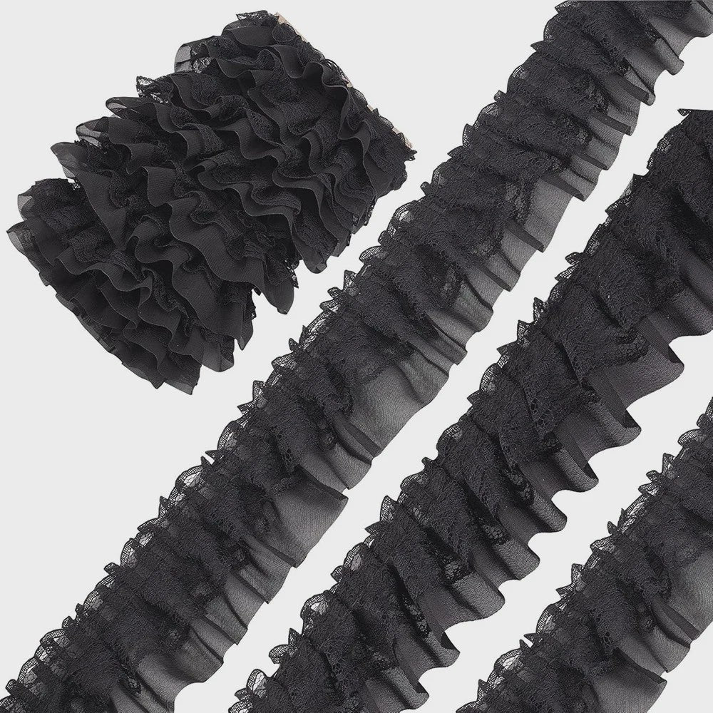 Ruffle Kantband met Borduurwerk - 5cm Breed - Zwart, Wit, Roze - DIY Decoratie