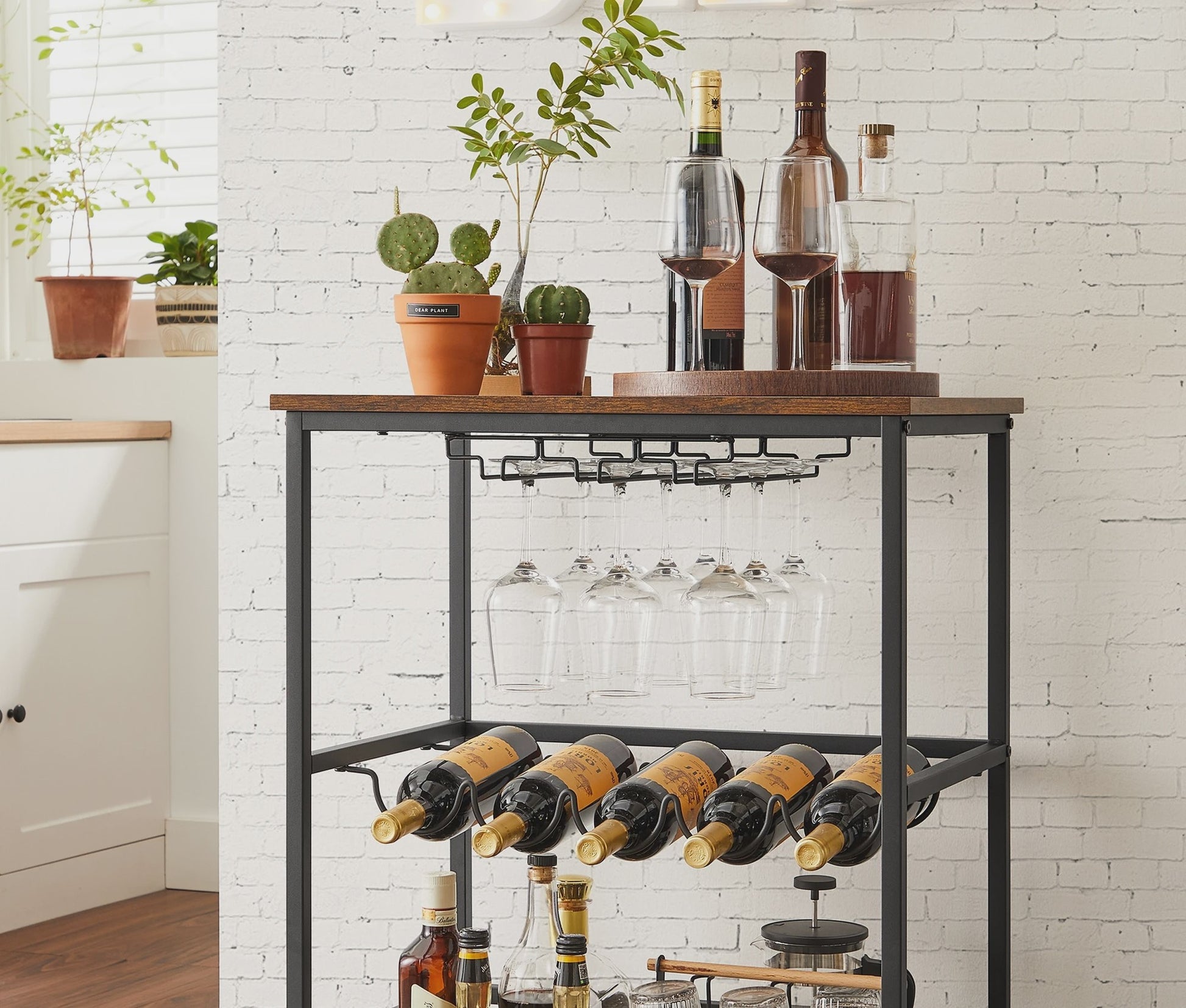 VASAGLE Serveertrolley met Wijnrek en Glashouder - Keukentrolley op Wielen, 40x60x82 cm