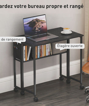 HOMCOM Inklapbaar Bureau op Wieltjes (80x50 cm) met Plank en Opbergvak - Zwart