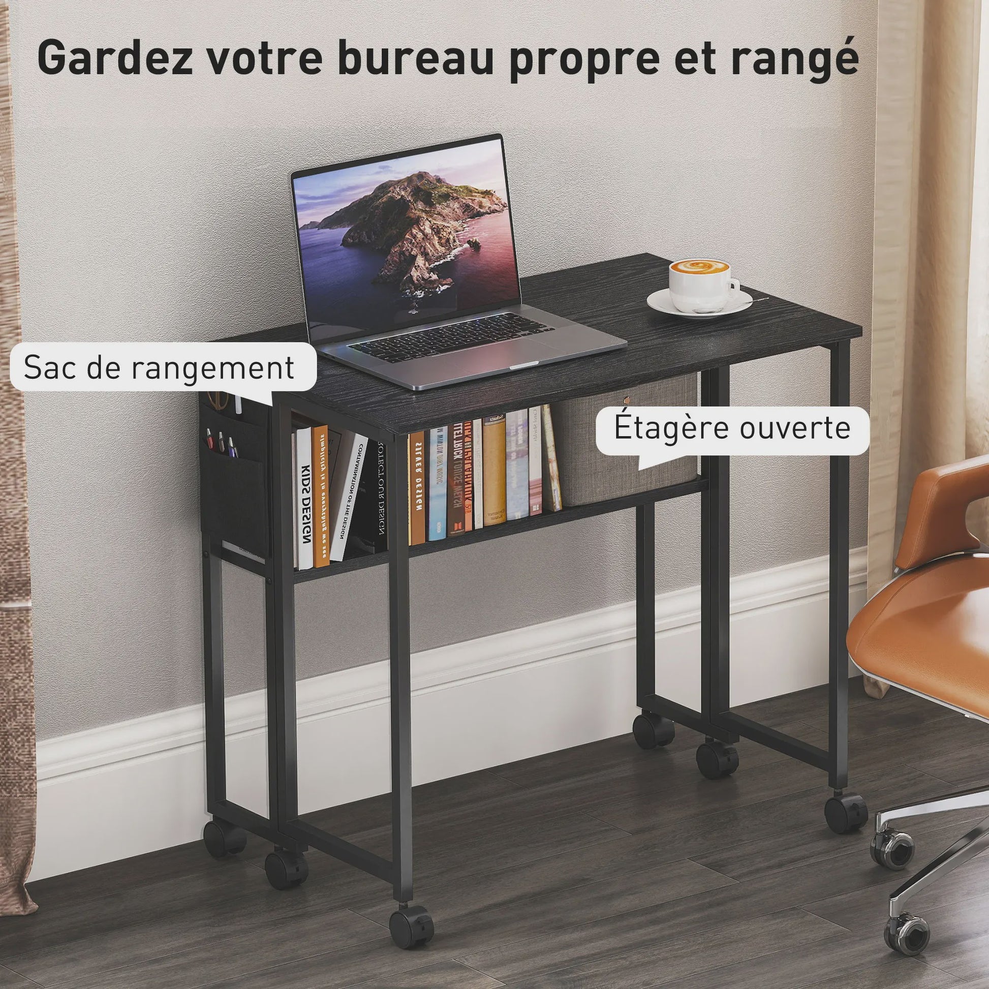 HOMCOM Inklapbaar Bureau op Wieltjes (80x50 cm) met Plank en Opbergvak - Zwart