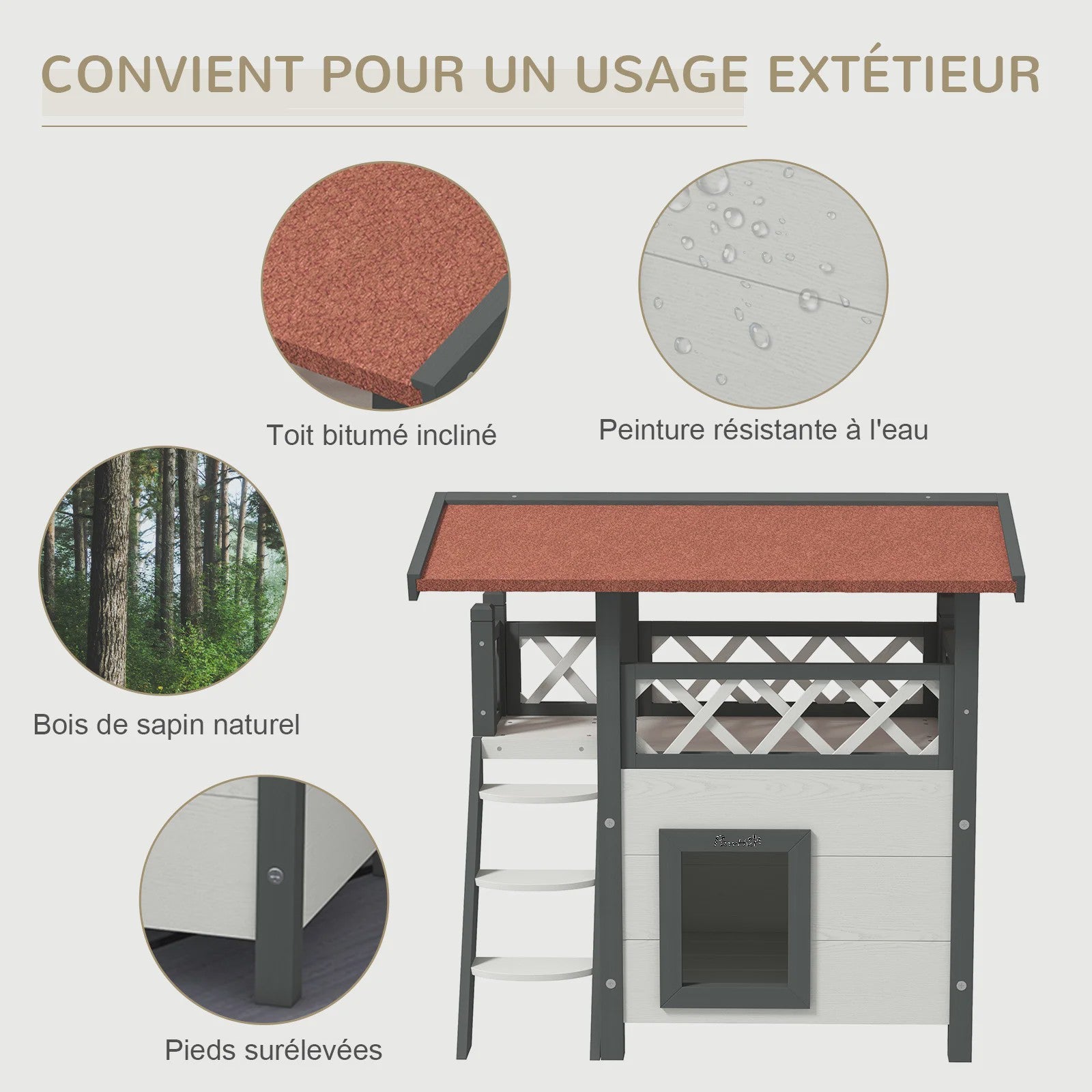 PawHut Luxe Kattenhuis Villa met Terras, Trap en Dak - 77x50x73 cm - Wit/Rood