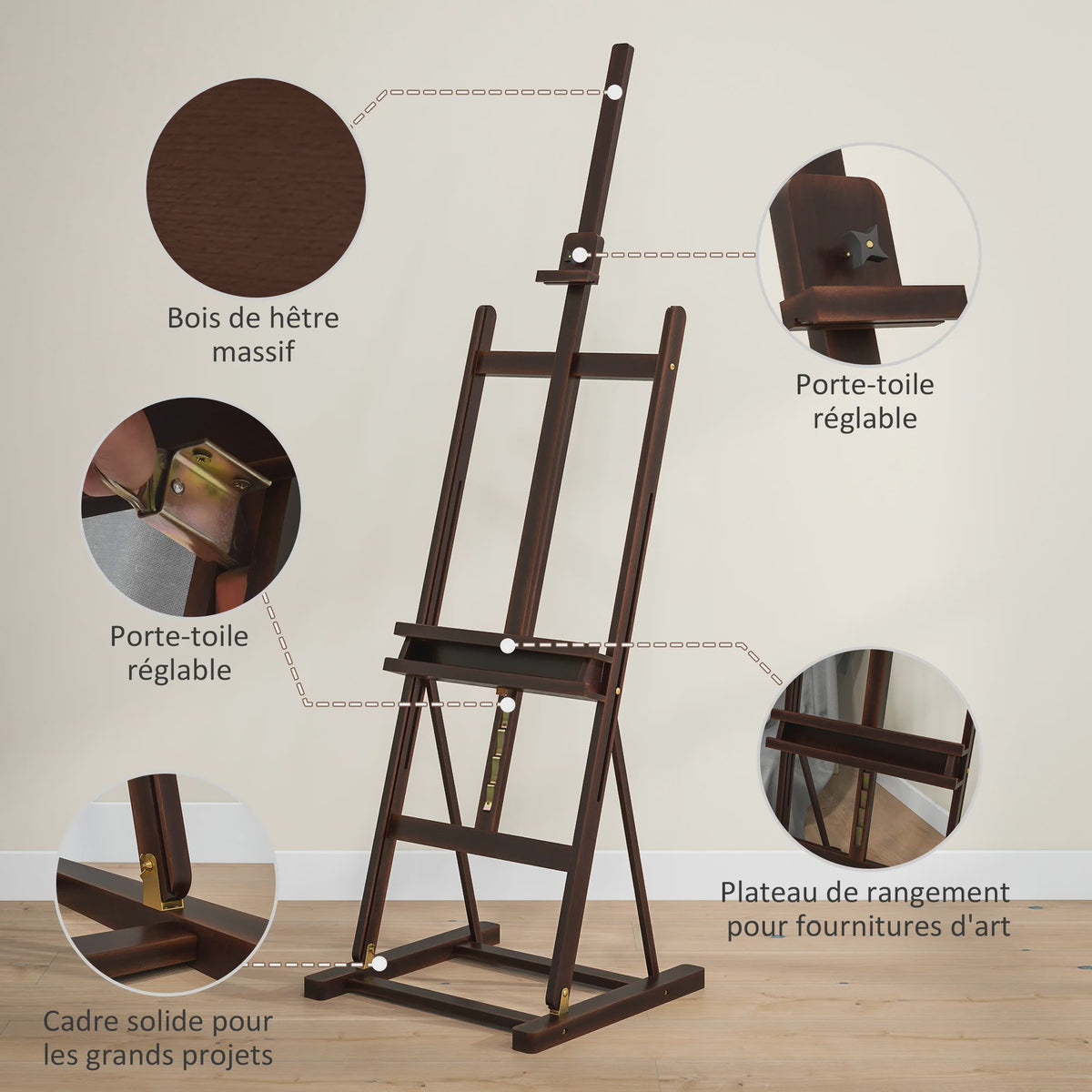 Vinsetto Houten Schildersezel - Verstelbare Hoogte 171-230cm, Kantelbaar tot 80°, Met Opbergvak