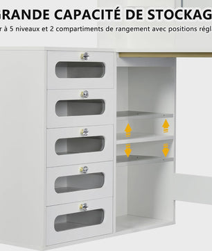 Witte Kaptafel met Spiegel, L-vormig Design, 5 Lades en Kruk