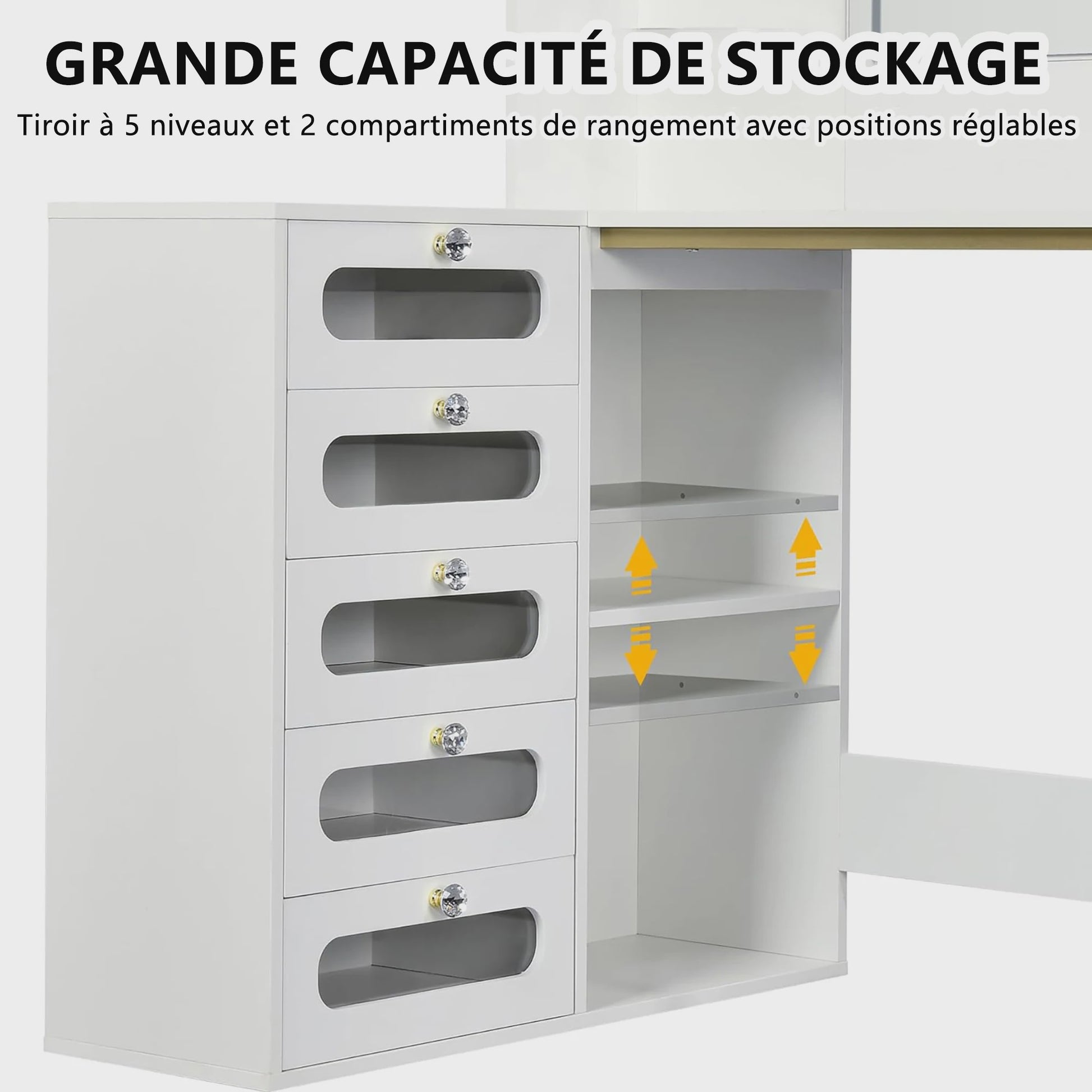 Witte Kaptafel met Spiegel, L-vormig Design, 5 Lades en Kruk