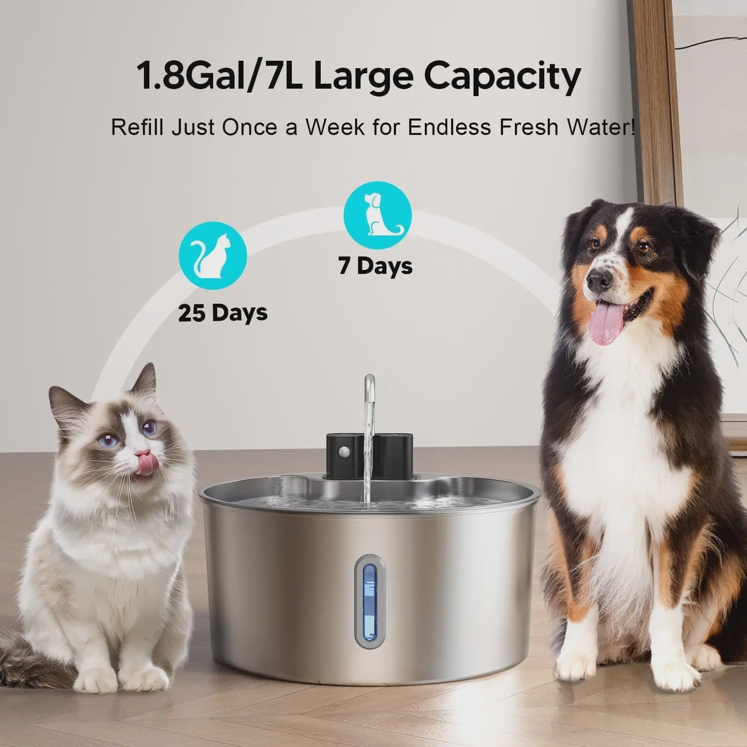 7L Roestvrijstalen Slimme Drinkfontein voor Katten en Honden met Sensor en Oplaadbare Batterij