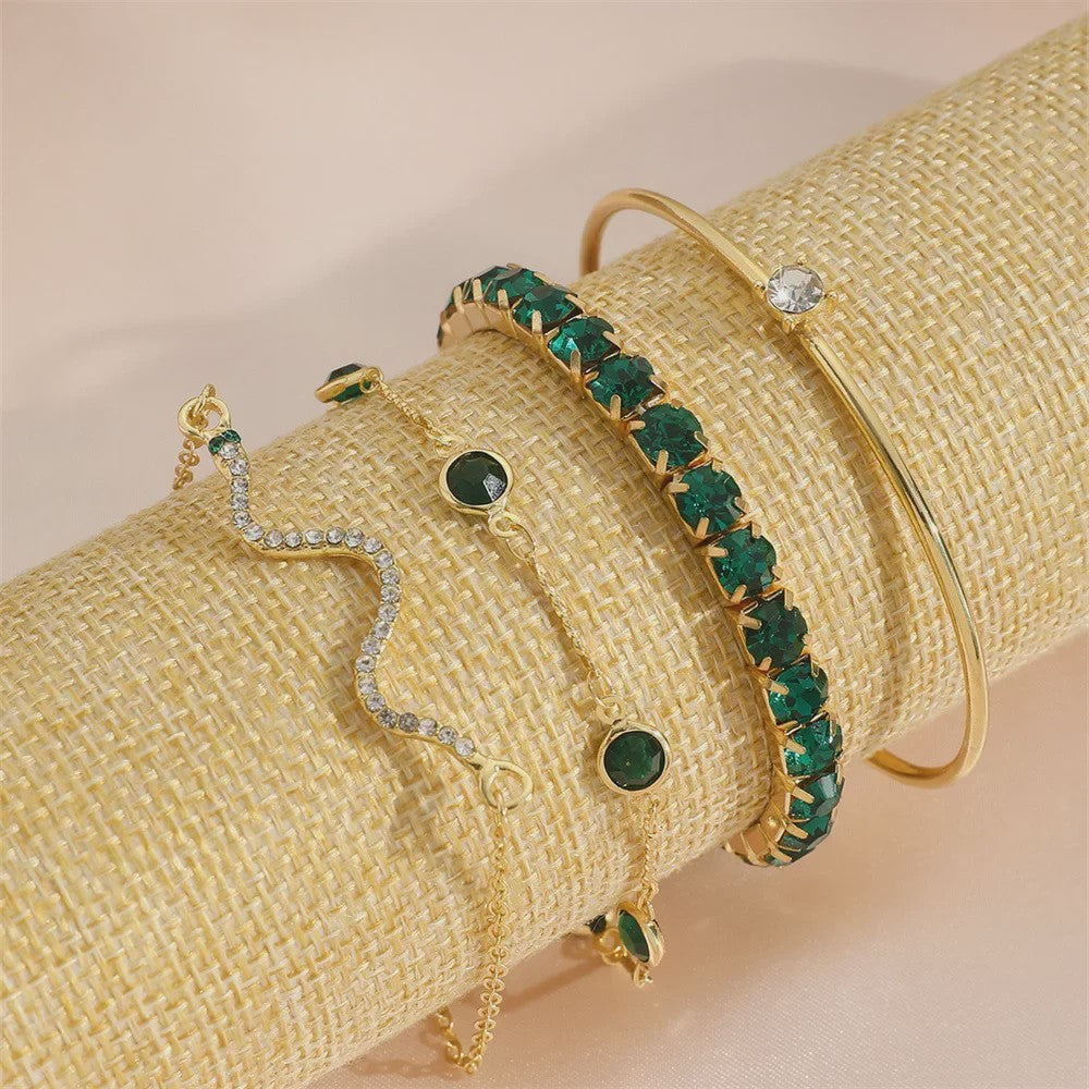Set van 4 Luxe Armbanden met Groene Edelstenen en Strass - Stijlvolle Sieraden voor Dames
