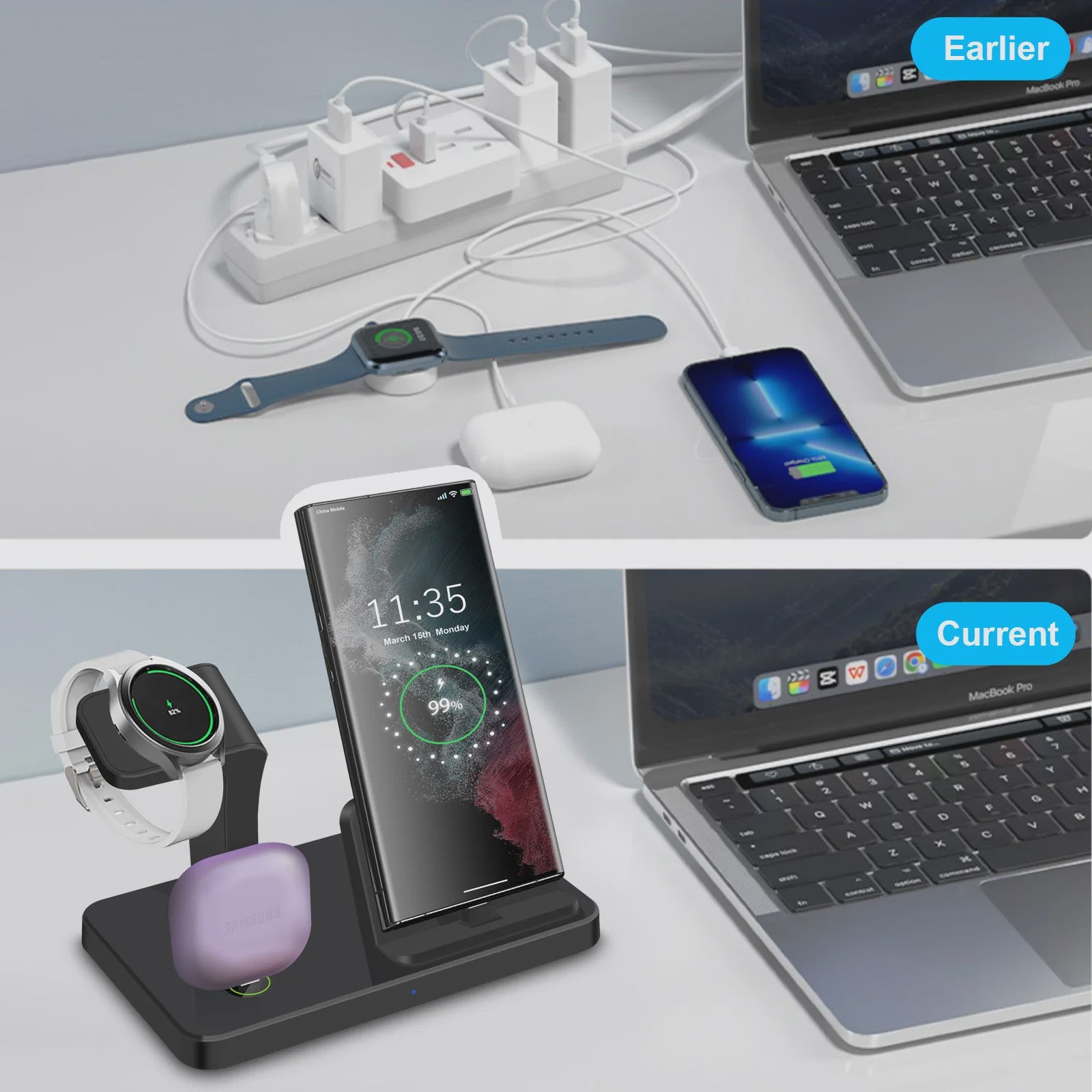 3-in-1 Draadloze Oplaaddock met Type-C voor Samsung Telefoon, Horloge & Buds - Snelladen