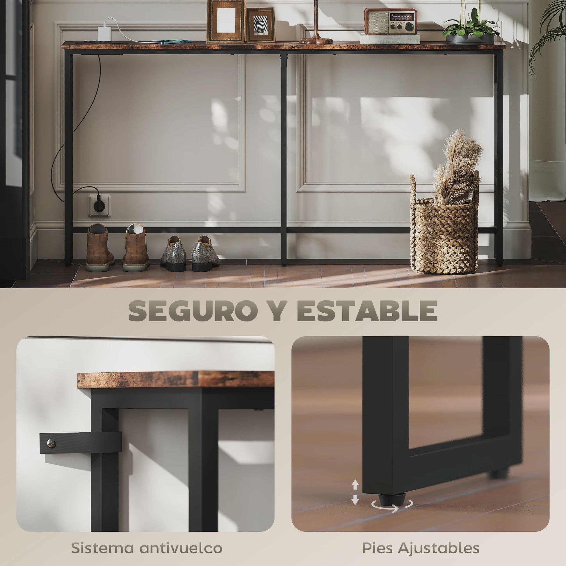 Smalle Industriële Console Tafel met Laadstation - 160x20x80 cm - Rustiek Bruin