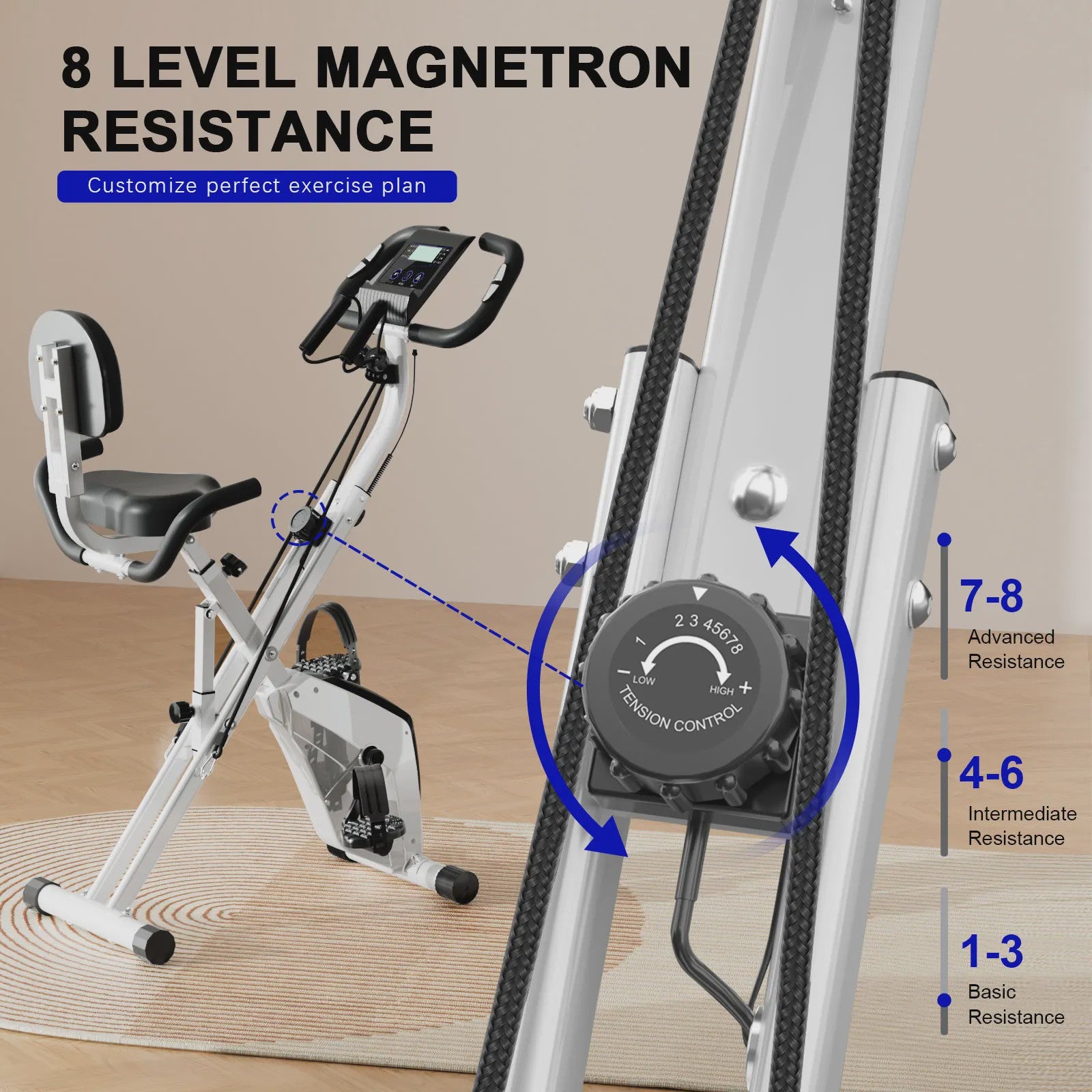 GartistGO foldable exercise bike, 8 resistance levels, with heart rate sensors, LCD stationary fitness bike for indoor cycling With extra-thick yoga and Pilates mat
