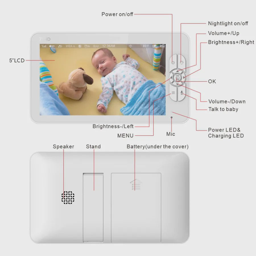 7" HD Babyfoon met 1080P IPS Beeldscherm, Ondersteuning voor 2 Camera's, 24u Batterij & 300m Bereik