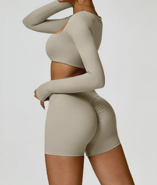 Dames Yoga Set 2-Delig: Sneldrogend Sportpak met Lange Mouwen Top en Hoge Taille Shorts