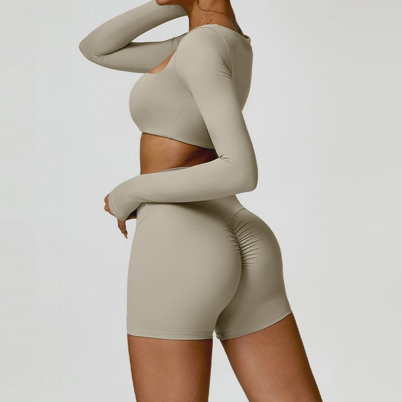 Dames Yoga Set 2-Delig: Sneldrogend Sportpak met Lange Mouwen Top en Hoge Taille Shorts